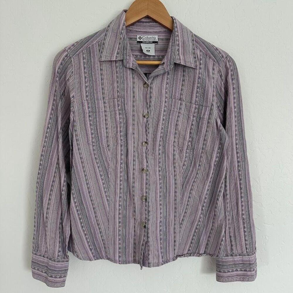 Columbia Purple Womens Medium Button up vertical stripes M 100% Cotton‎